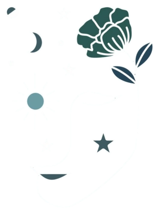 Logo de Chloé Noleau : un visage de profil aux yeux clos, entouré d’un soleil, d’une lune et d’étoiles, avec une fleur qui pousse à son sommet.